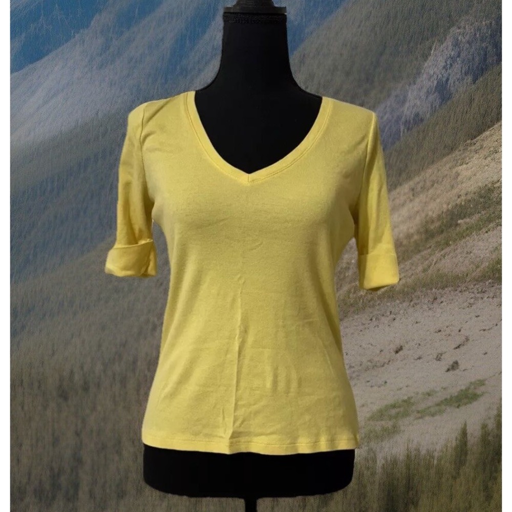LRL Very Sexy Low Cut V-Neck Cleavage‎ Baby Yellow Slimming Cuff Sleeve TEE -S